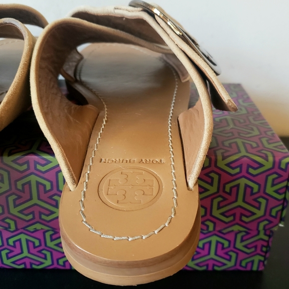 🌱 Tory Burch Grant Suede Sandal Buckle Slide in Neutral Sz 6 - Picture 9 of 10